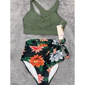 Dokotoo Tie Side Two Piece Bikini Set Swimsuit Womens Small Green Floral Stretch